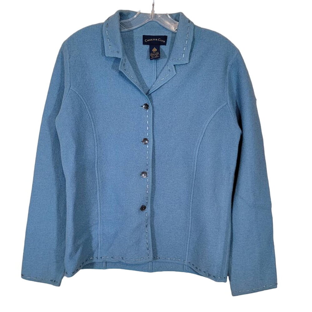 VTG Charter Club Women 100% New Wool Button-Up Exposed Stitch Jacket Blue Small